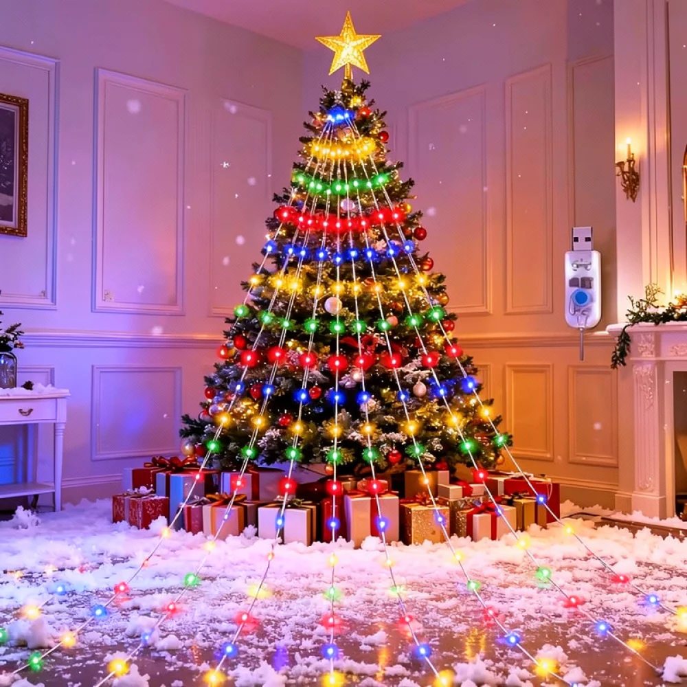LED Star Waterfall String Lights USB Powered Fairy Lighting For Christmas Tree Holiday Outdoor Garden Decoration Warm White