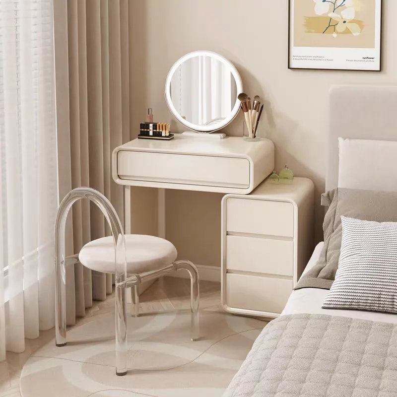 Creamy Modern Minimalist Solid Wood Lacquer Vanity Small-Space Dressing Table with LED Shape Mirror Storage Cabinet for Bedroom