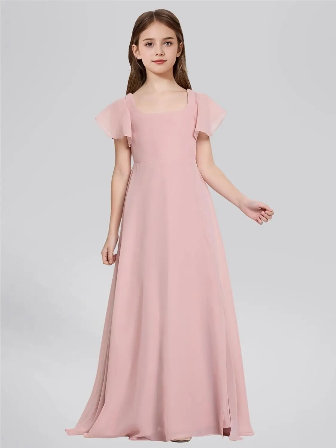 A Line Square Neck Junior Bridesmaid Dresses Girls Formal Chiffon Flower Girl Dress Long Party Gown with Leg Slit  Girls Dress