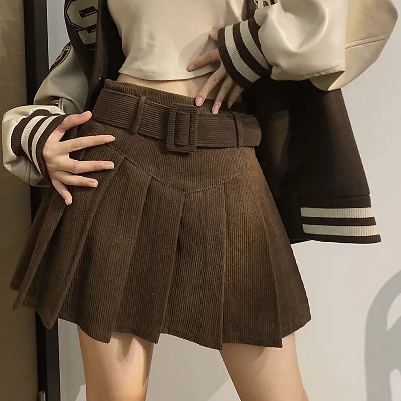 Corduroy Pleated Mini Skirt with Belt for Women Vintage Academy School Skirt Autumn Winter Outfit