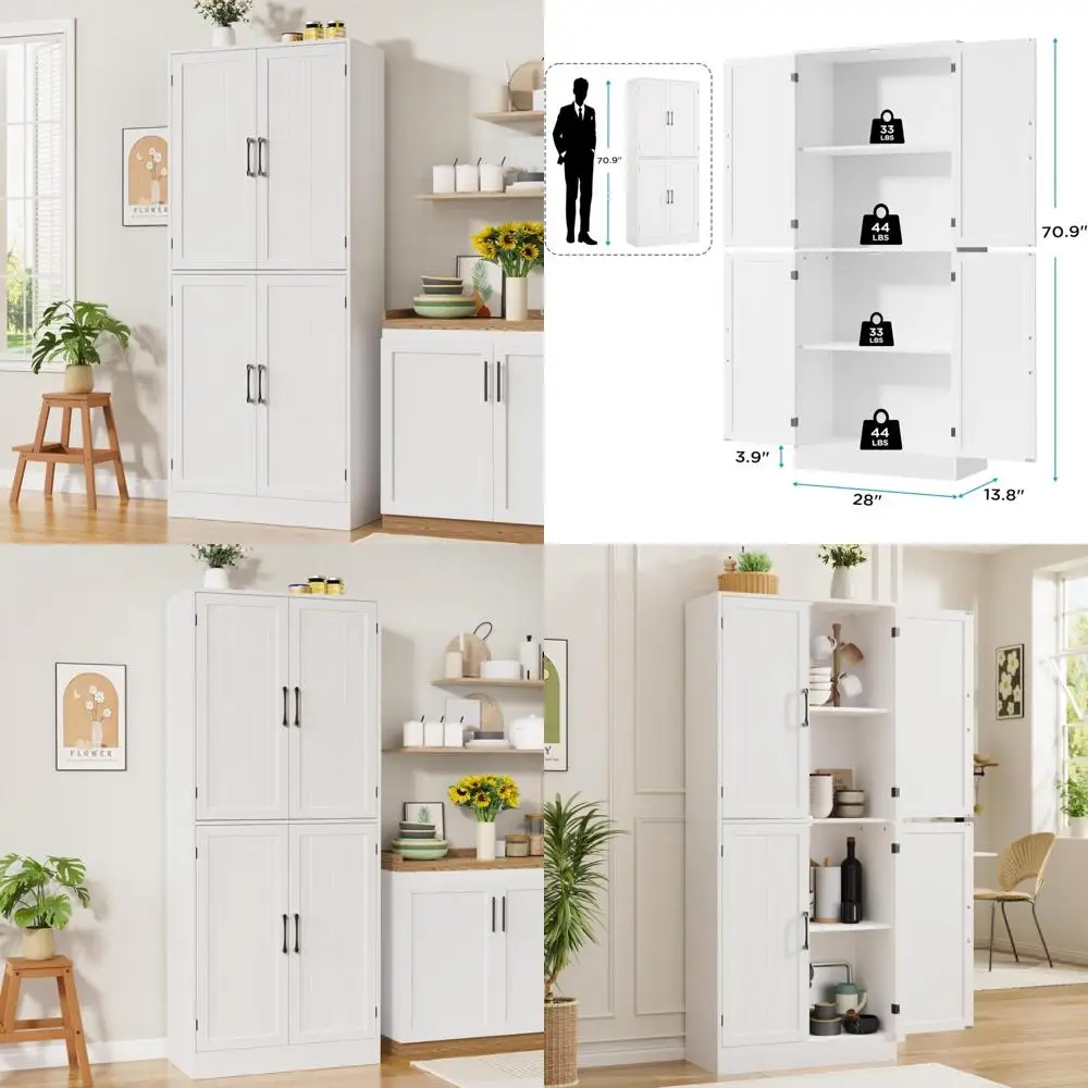 Farmhouse Style Tall Pantry Cabinet with 4 Doors and Adjustable Shelves for Dining Room Storage