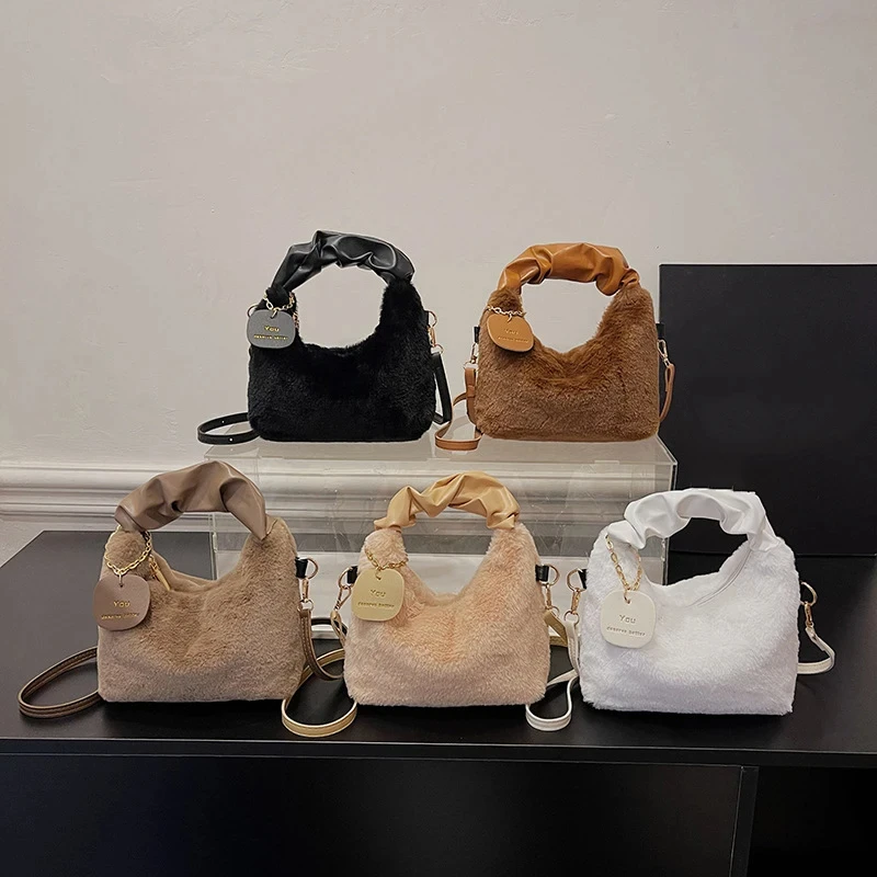 ﻿   Frauen Kunstpelz Plüsch Handtaschen Geraffte Griff Kleine Dame Schulter Umhängetasche Casual Halbmond Hobos Winter Taschen für Frauen