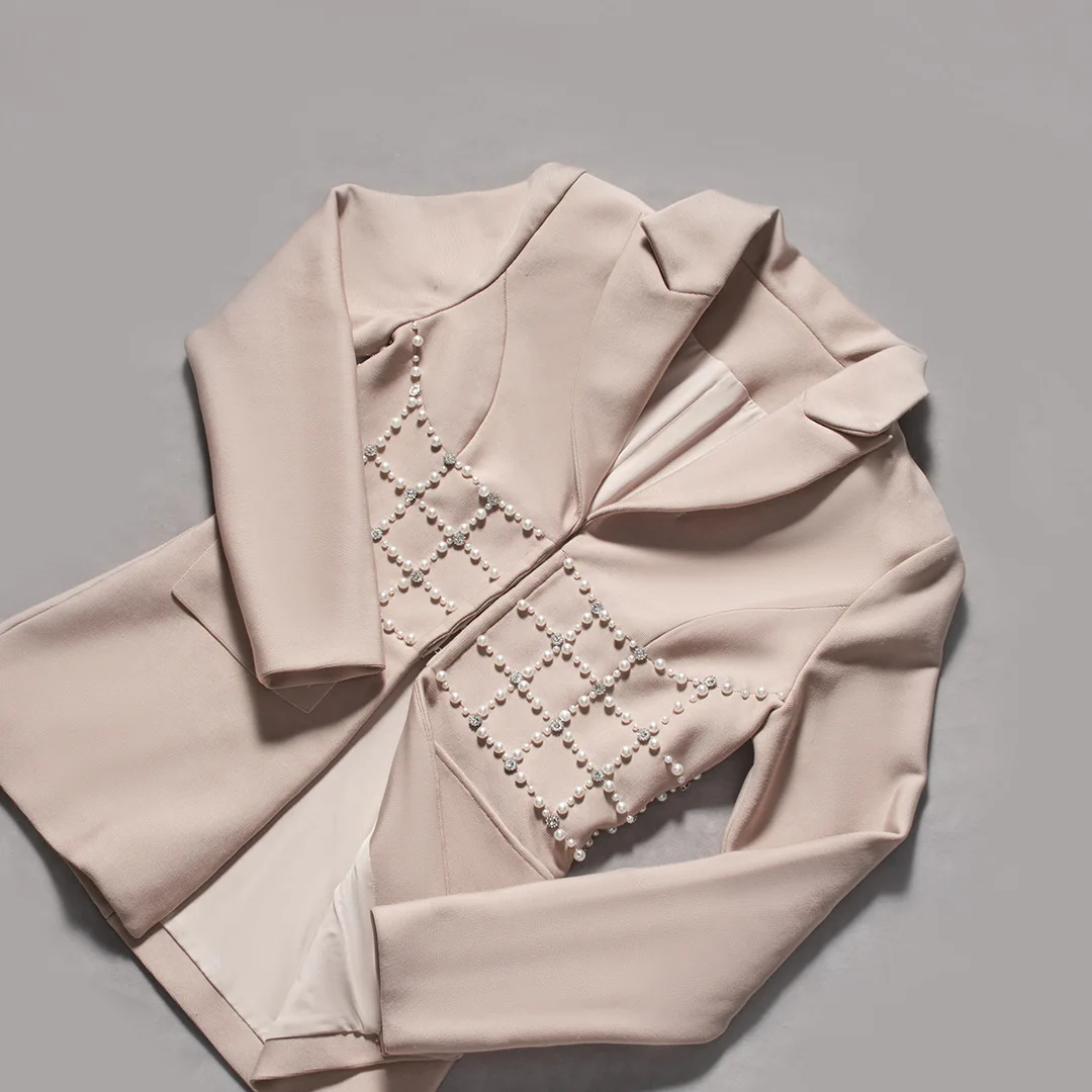 Fashion Apricot Beaded Blazer Dress V Neck Long Sleeve Suit Jacket for Music Concert Gallery Opening Night Party Outfits