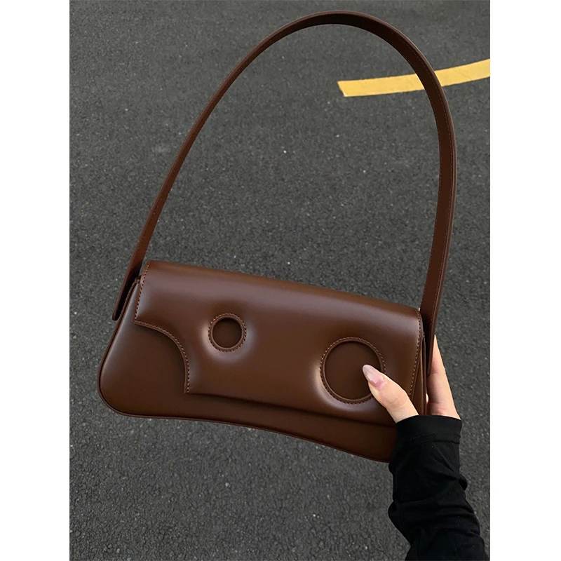 Autumn Winter Fashion High Level Women Single Shoulder Bag Solid Hollow Out PU Leather Female Handbag Casual Simple Underarm Bag