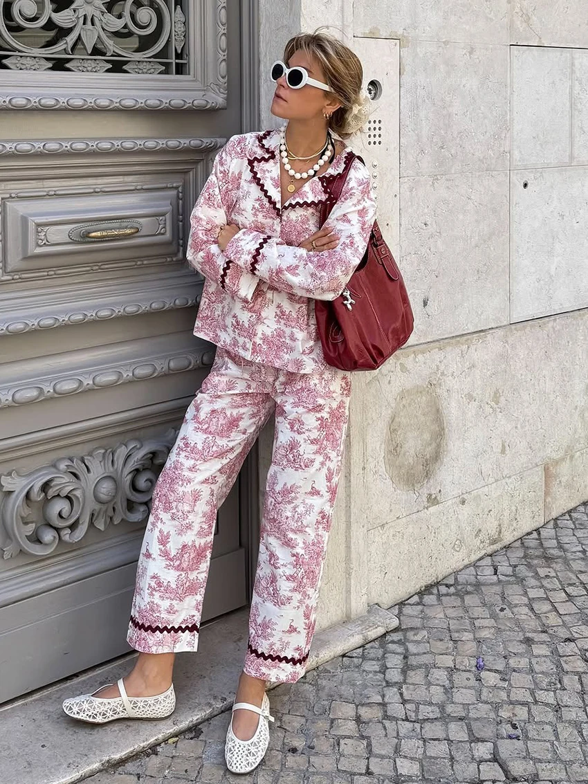 

Marthaqiqi Printing Female Sleepwear Set Long Sleeve Nightgowns Sexy Turn-Down Collar Nightwear Pants Casual Women Pajamas Suit