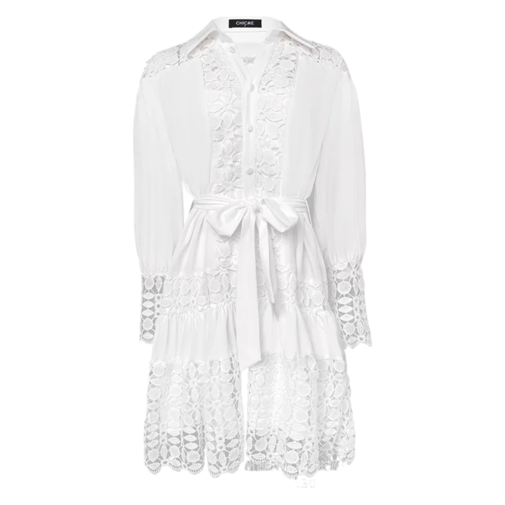 ชุดเดรสเชิ้ตลูกไม้ผู้หญิง แต่งแขนยาวผูกเอว ชุดเดรสเชิ้ตเซ็กซี่ แต่งผ้าลูกไม้โปร่ง สีพื้น ชุดลำลอง