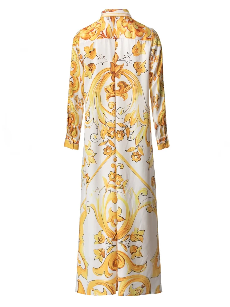 SEQINYY Elegant Midi Shirt Dress Summer Spring New Fashion Design Women Runway High Street Vintage Yellow Flower Sicily Print