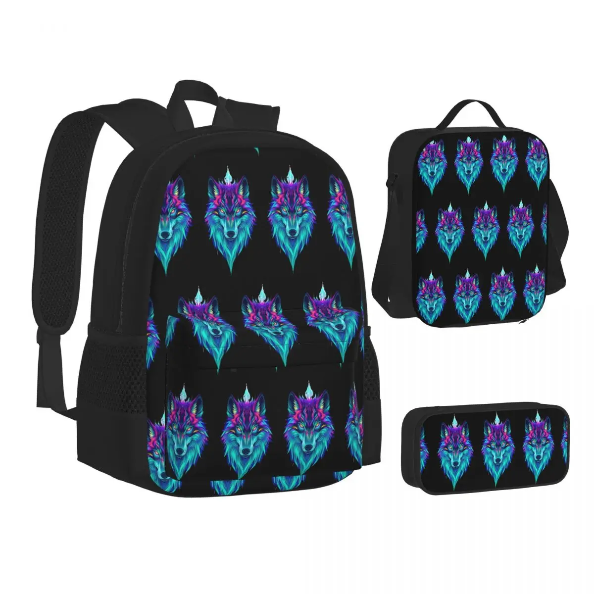 Wild Wolf Backpacks Boys Girls Bookbag School Bags Kids Rucksack Lunch Bag Pen Bag Three-Piece Set
