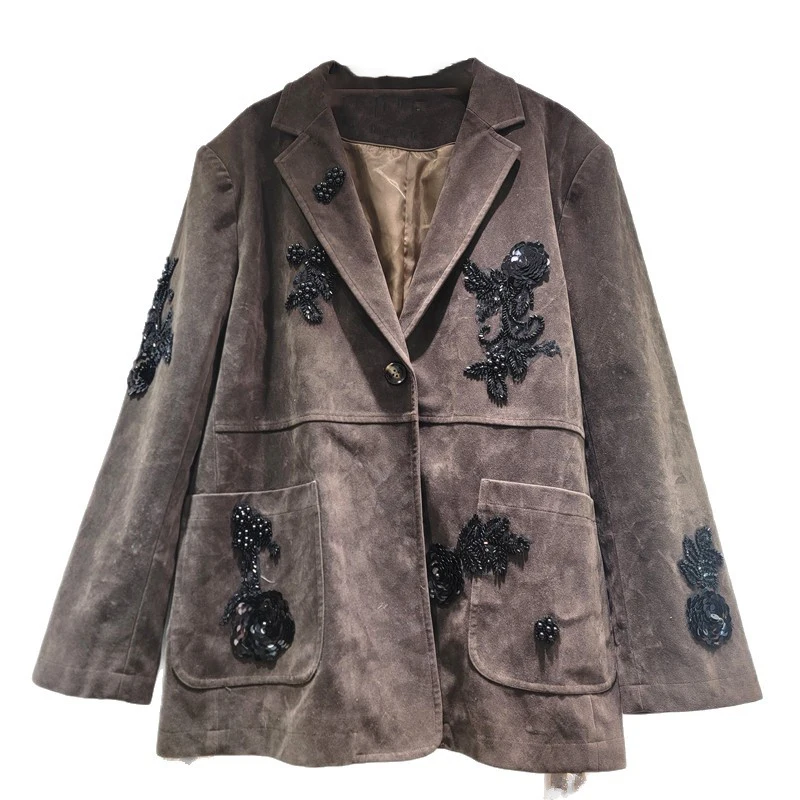 معاطف نسائية عصرية من الخرز الصناعي الثقيل من WTHT سترات عصرية بأكمام طويلة واحدة الصدر للسيدات لخريف 2025 1LS2381