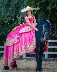 Fuchsia Pink Mexican Charro Quinceanera Dresses customsized Sparkly Off Shoulder Applique Lace-up Corset Prom vestido de 15 aรฑos