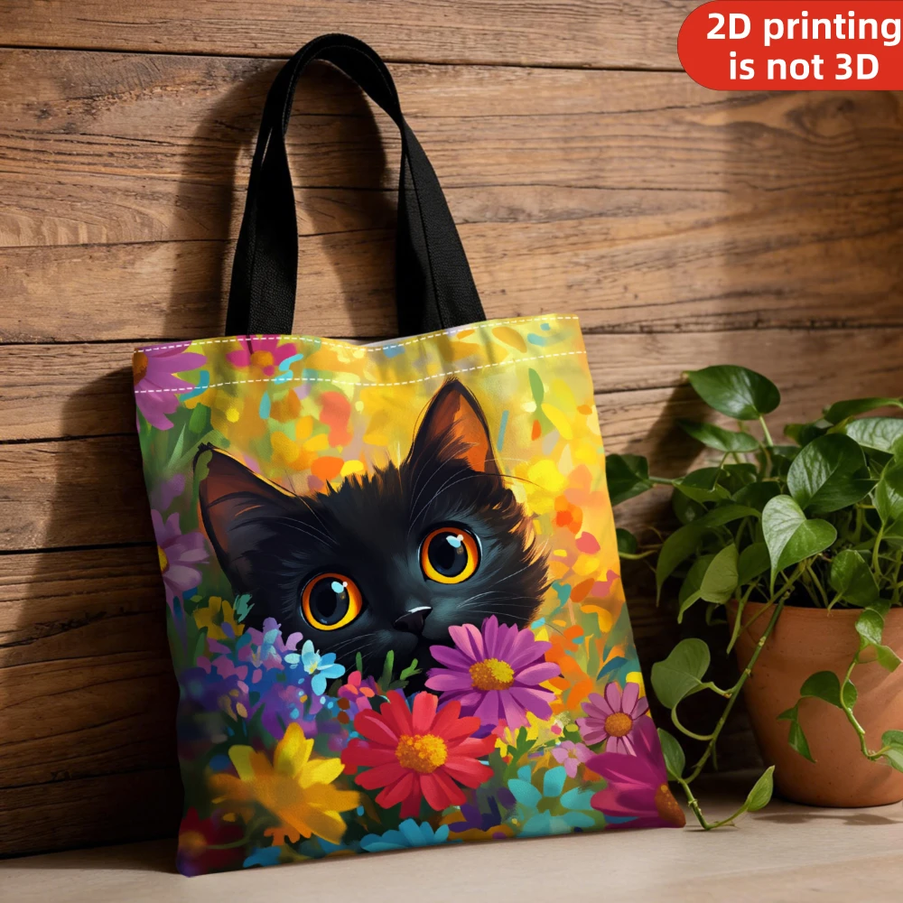 Handbag Colorful Black Cat And Flowers Pattern Tote Bag For Subway Commute Shopping Travel Daily Use Grocery Carry