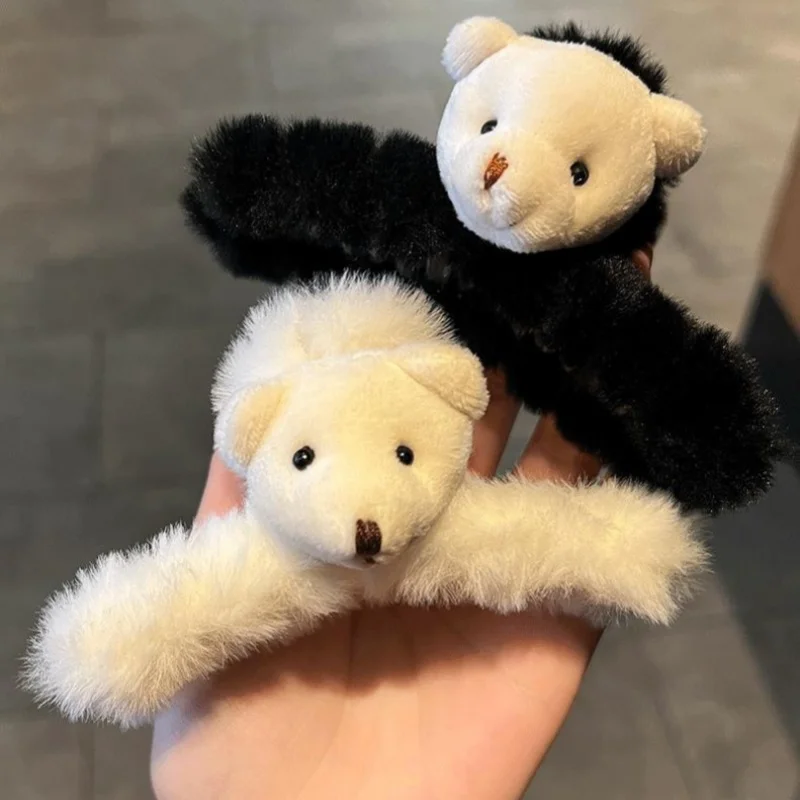 Cute double-sided plush bear head large claw clip Korean style furry hair clip back of head hairpin hair shark clip