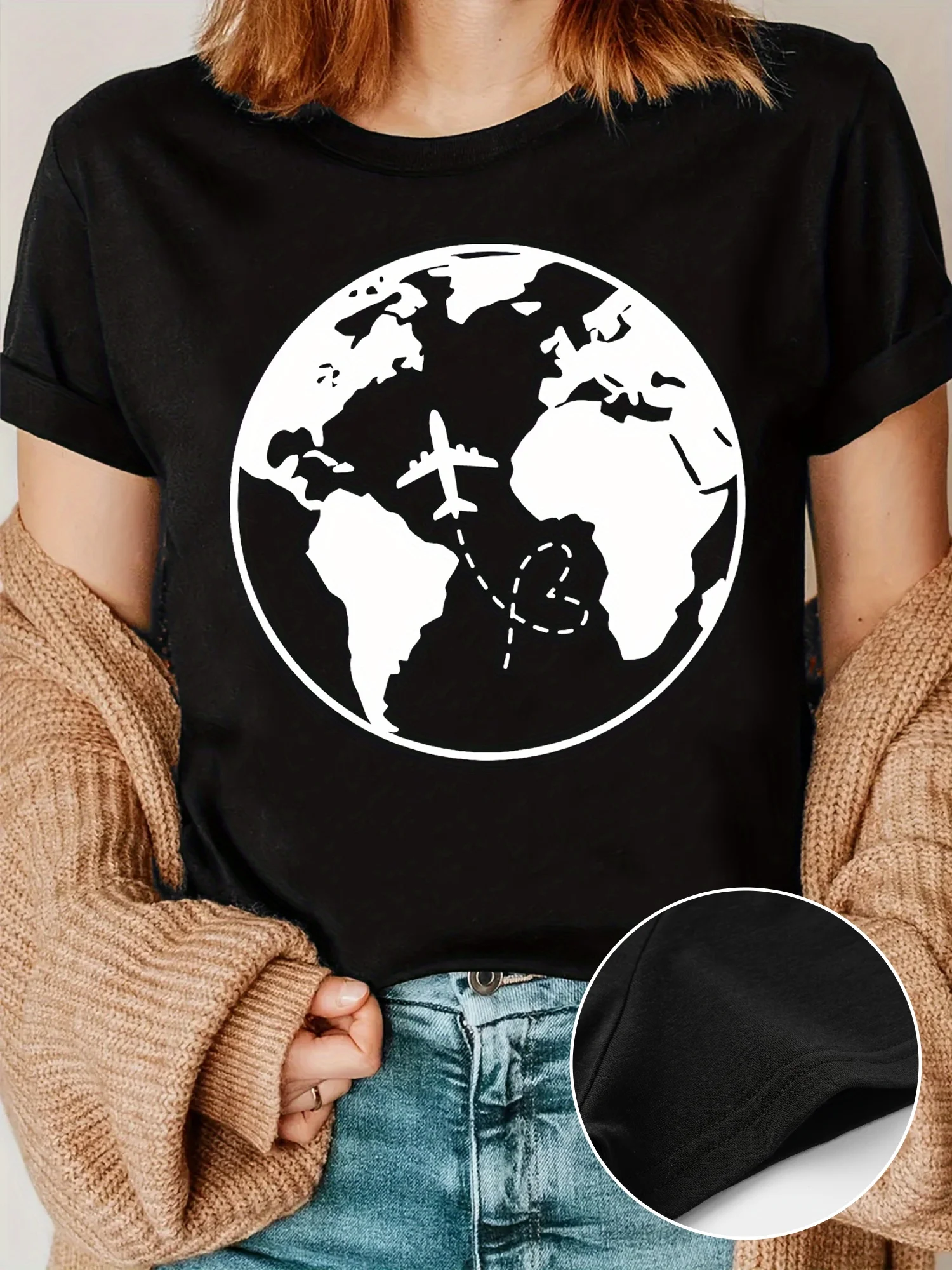 

Women's Casual Geometric World Map T-Shirt, Summer Fashion, Stretch Knit, Polyester, Round Neck, Travel & Leisure Sportswear