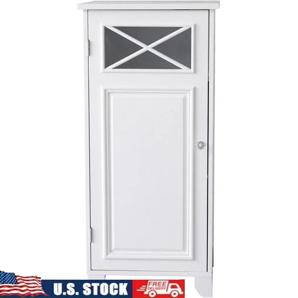 

Wooden Floor Cabinet with Glass Panel Door Adjustable Shelves Freestanding Bathroom Storage Accent Furniture Organization