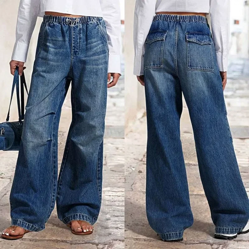 

Spring Mid Rise Wide Leg Pants Loose Dark Blue Non-Stretch Jeans Distressed Wash Creased Retro Straight Leg Pants Baggy Pants