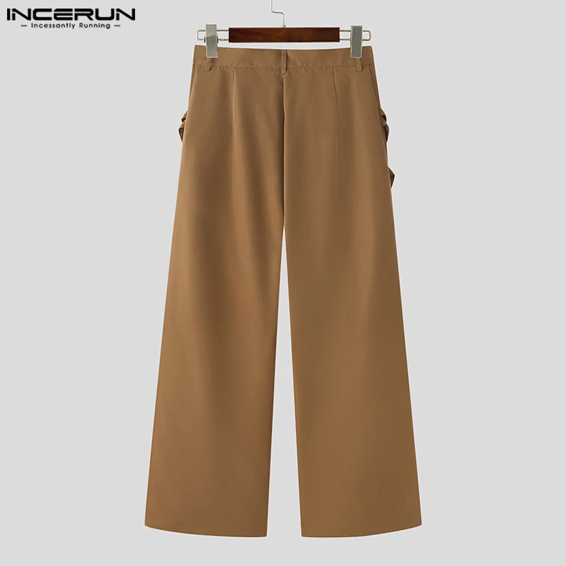 INCERUN 2024 Korean Style Trousers Fashion Men\'s Personality Tie Belt Decorative Pants Stylish Male Straight Leg Pantalons S-5XL