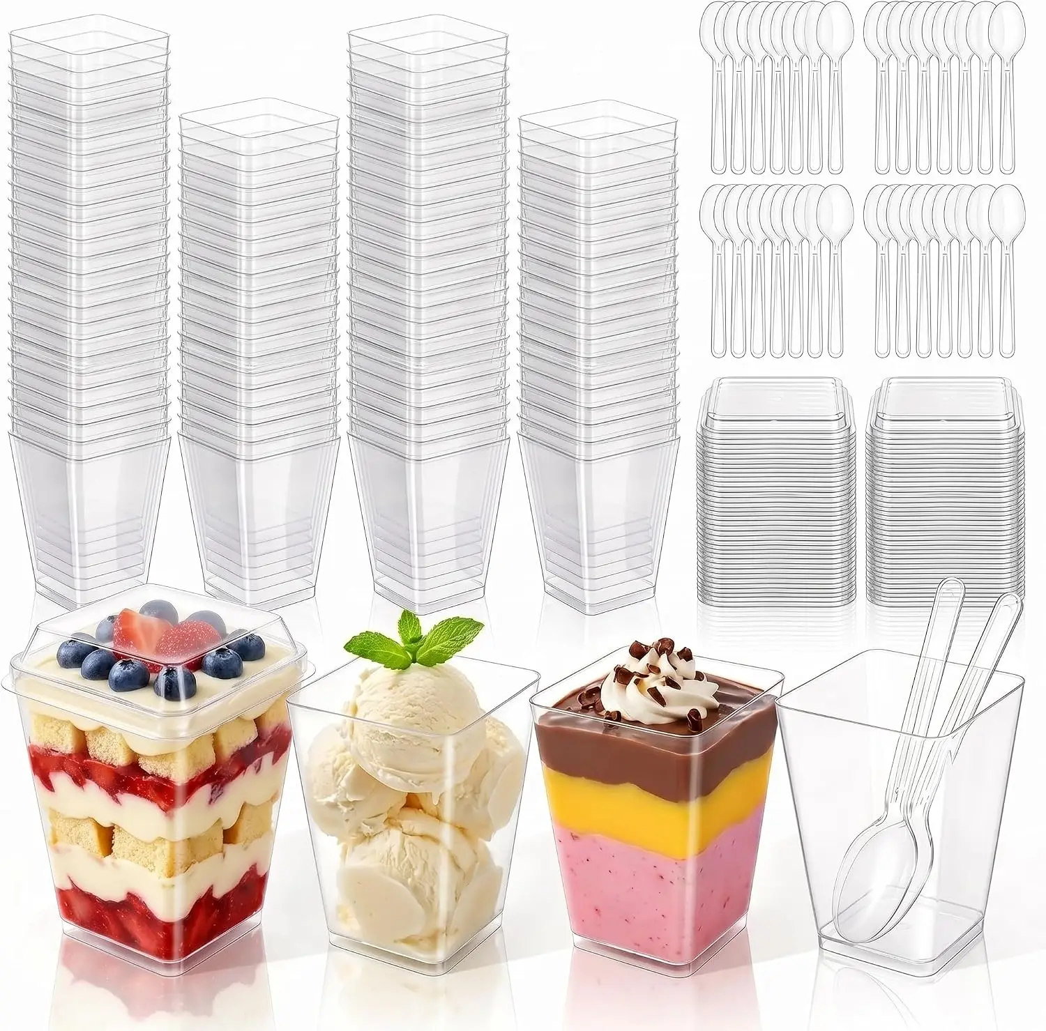 50Pcs 5oz Square Clear Plastic Dessert Cups with Lids and Spoons, Disposable Mini Parfait Containers for Mousse Pudding Ice Cream Yogurt Fruit Salad Party Favors Wedding Supplies
