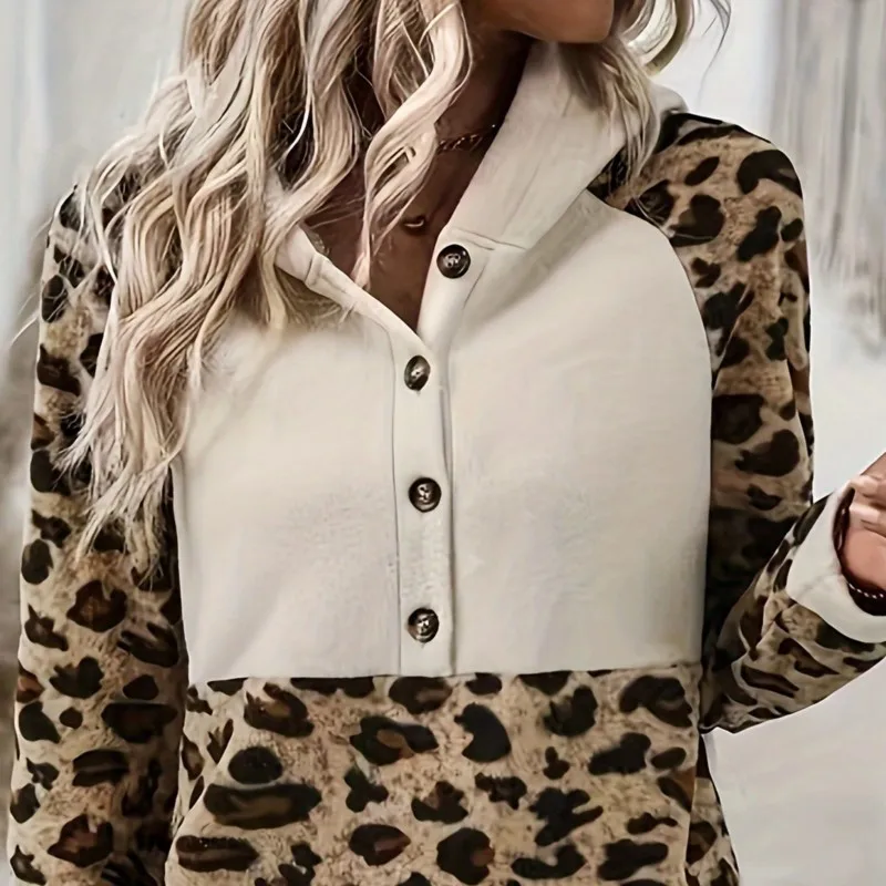 2025 Autumn New Leopard Print Hoodies Women Casual Loose Long Sleeve Half Open Collar Button Color Block Design Pullover Tops