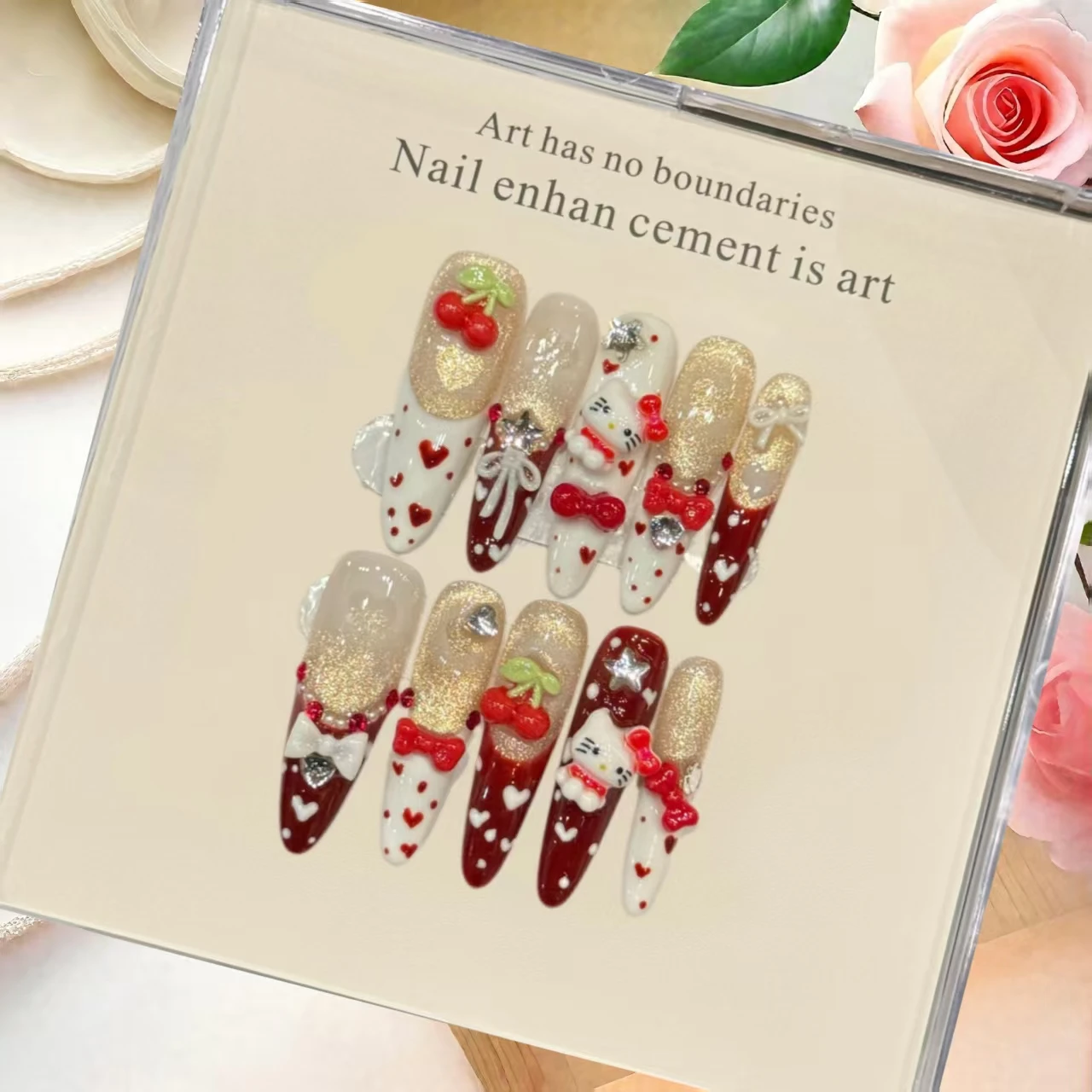 

10 шт., милый мультяшный кот, вишня, новогодний дизайн ногтей, сладкий девчачий красный маникюрный набор для праздничных вибраций с инструментами из 4 предметов, клейкие вкладки