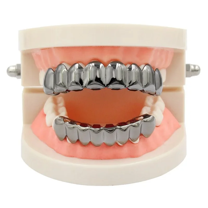 Gold Silver Plated Hiphop Teeth Grillz Top Bottom Set with Vampire Tooth Design for Party Streetwear Cool Dental Accessory