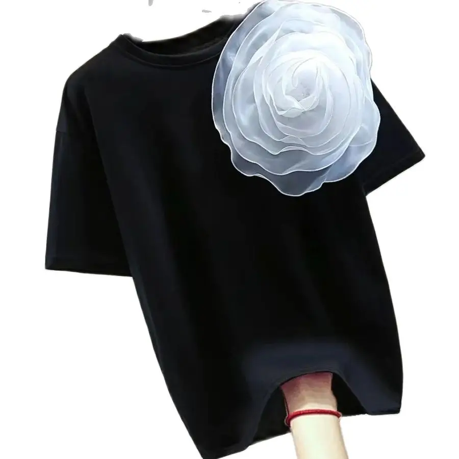 2024 Round Neck Short Sleeve Tshirt Three-Dimensional Big Flower Decorative Pin Loose T-shirt for Women Cotton Tops Tees