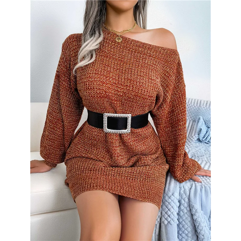 

【Party-Decoration】Women's Casual Oversized Off-The-Shoulder Lantern Sleeve Sweater Dress Long Chunky Pullover