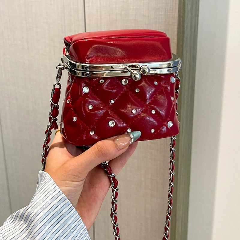 

Women Mini Diamonds Lipstick Bag High-grade Chains Crossbody Bags Textured Single Shoulder Square Purse Trendy