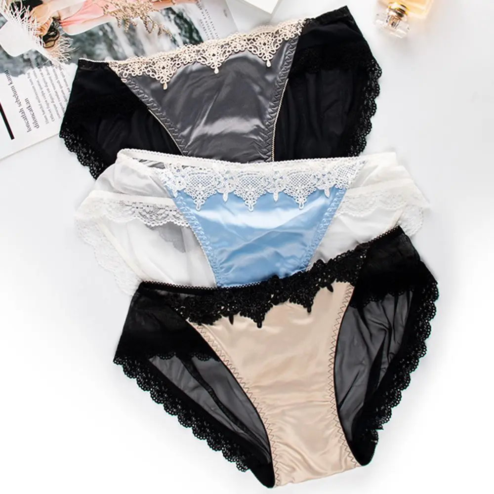 Ladies Solid Color Hollow Out Low-rise Women Satin Panties Briefs Lace Underwear