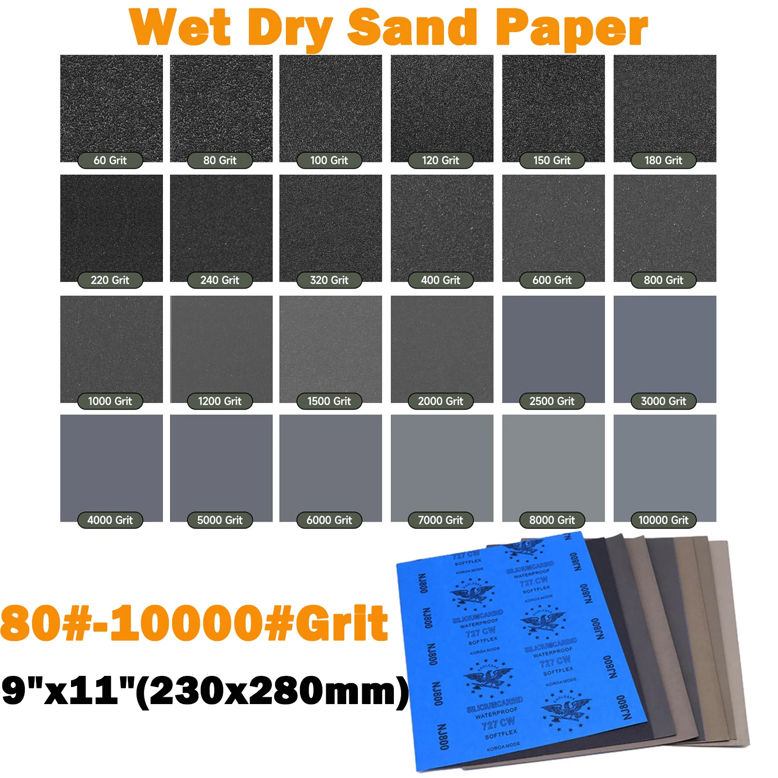 กระดาษทรายเปียกและแห้ง ขนาด 9x11 นิ้ว เบอร์ 80 # -10000 # แผ่นขัดกระดาษทรายขัดเงาแบบใช้มือสำหรับขัดไม้และโลหะ ขนาด 230x280 มม.
