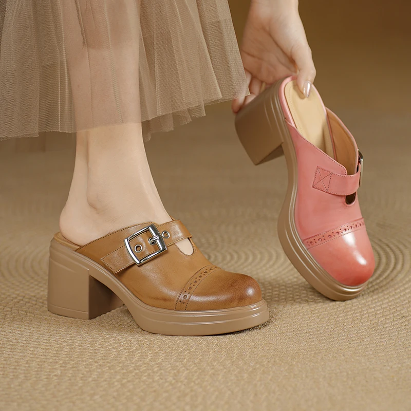 2026 summer women sandals natural leather 22-25cm cowhide+pigskin round toe buckle hollow-out mules high heel women slippers