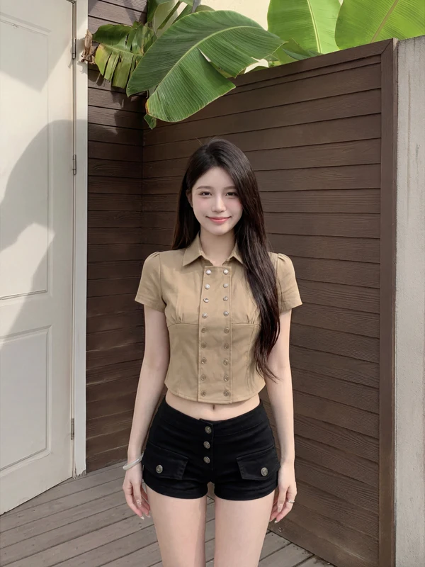 

Slim Fit Short Sleeve Shirt Women's Belly Baring Vintage Style Casual Shirt Polyester Fiber Short Length Button Closure