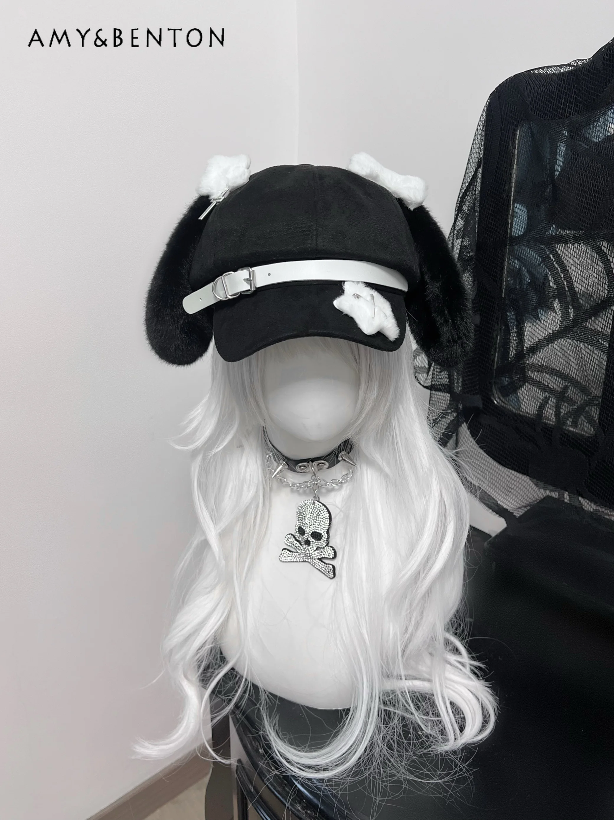 Original Black Puppy Ears Kawaii Berets Caps for Women Subculture Cute Personality Hats Japanese Style Mine Series Goth Hat