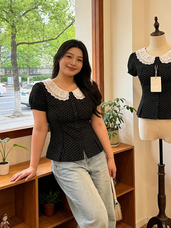 

Black Polka Dot Short Sleeve Women's Shirt Summer 2026 New Design Waist-Cinched Top Korean Style Comfortable Breathable
