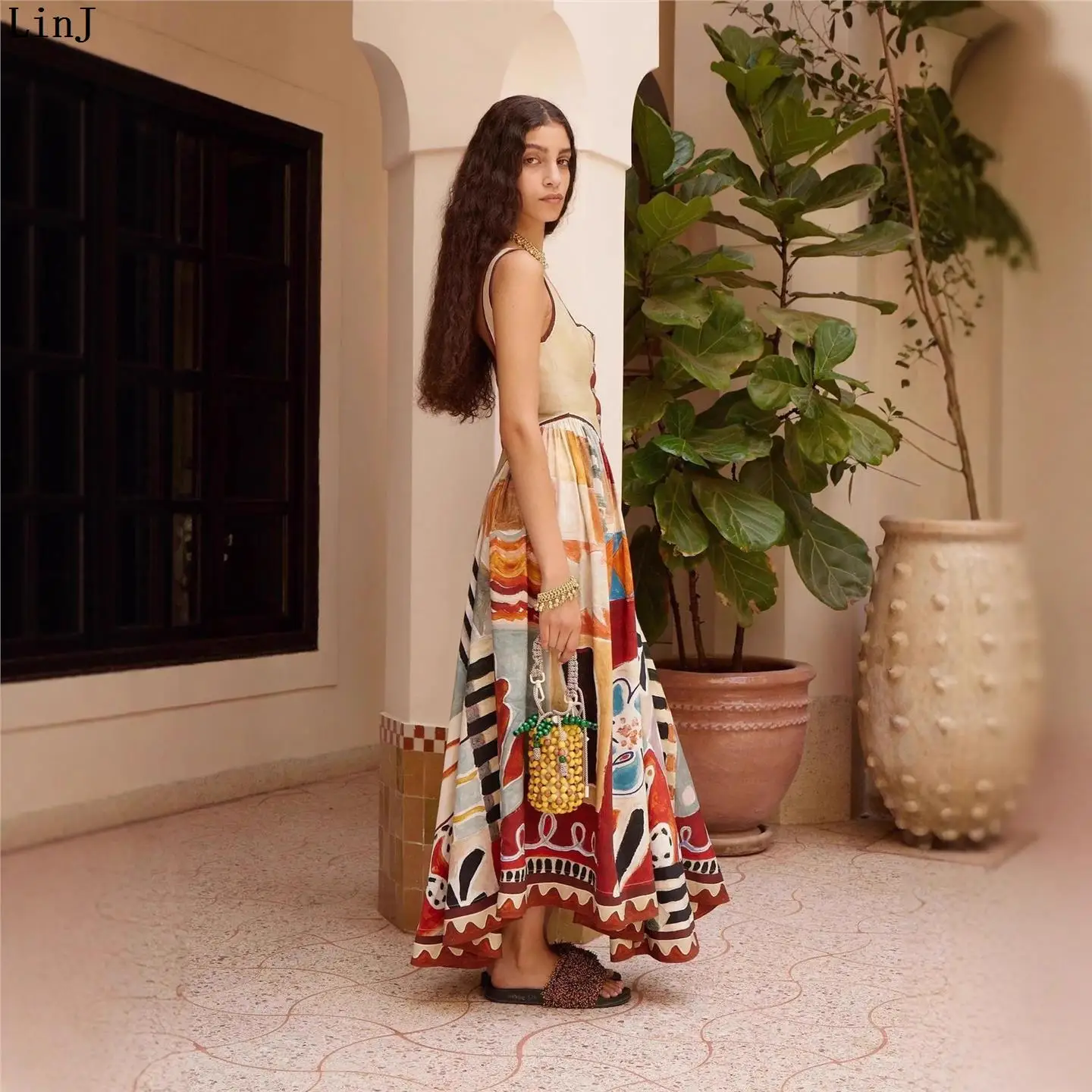 Tropical Island Print Patchwork Halter Dress Women's Holiday Fashion Polyester European Style Square Collar Midi Skirt