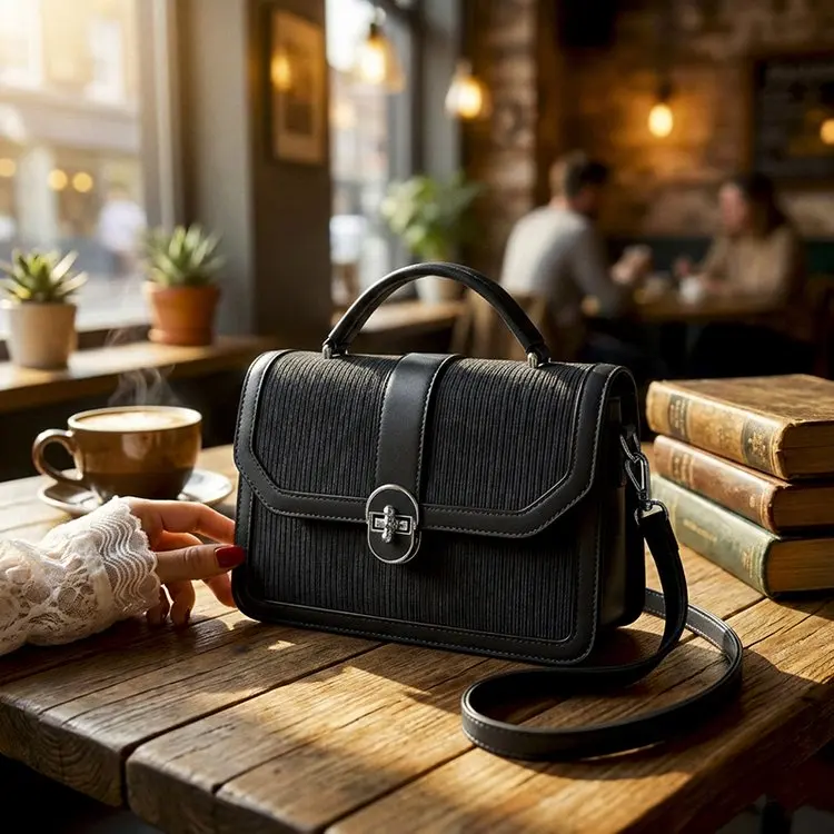 

2026 New Vintage Monogram Handbag for Women Double Circle Buckle Leather Trim 3-Way Shoulder Crossbody Bag