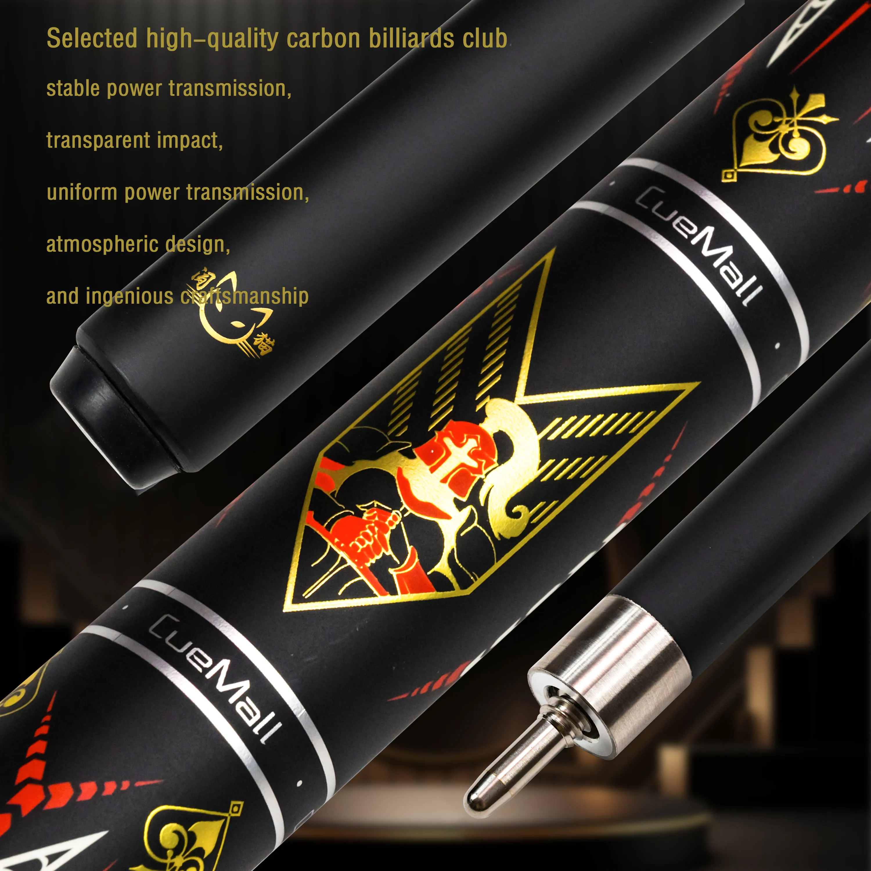 58-Inch Low Deflection Pool Cue Carbon Shaft Stainless Steel Quick Joint 12.5mm Multi-Layer Tip Sleek Design