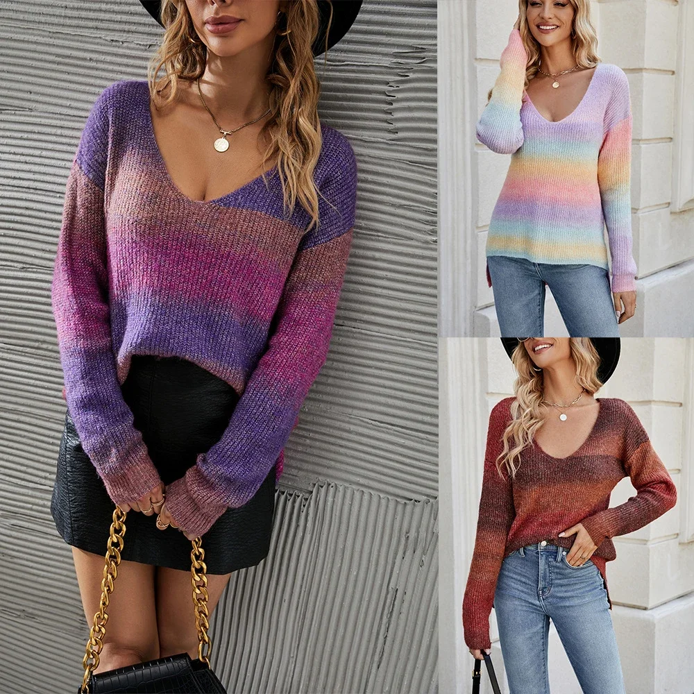 Tie-dye Sweater Plus-size Women's Fashion Tie-dye Design V-neck Slim Retro Sweater Long-sleeved Casual Top Pullover