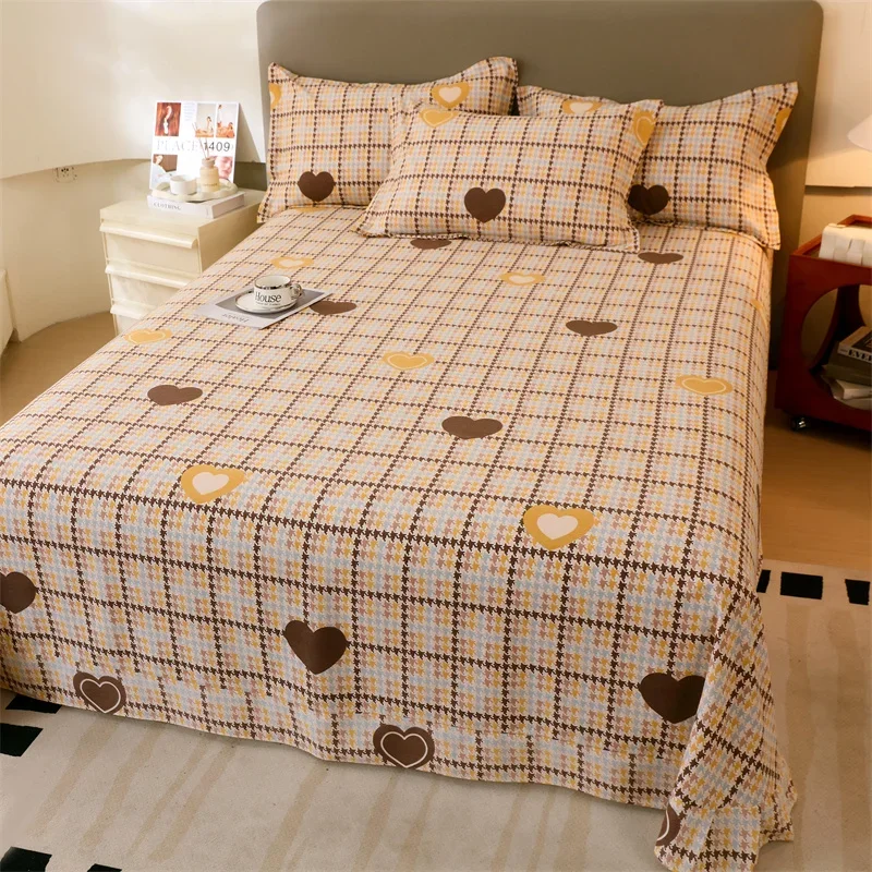 3Pcs Geometric Lattice Heart Pattern Bed Sheet Set 100% Cotton Thick Flat Sheet with Pillowcases Soft Comfortable Bedding Set