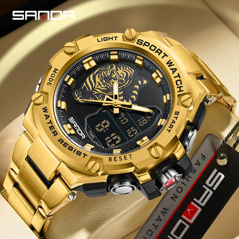 SANDA 2024 New Fashion Men\'s Outdoor Sports Watches Luxury Gold Case Multifunctional Luminous Waterproof Chronograph Watch 3173