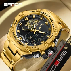 SANDA 2024 New Fashion Men's Outdoor Sports Watches Luxury Gold Case Multifunctional Luminous Waterproof Chronograph Watch 3173