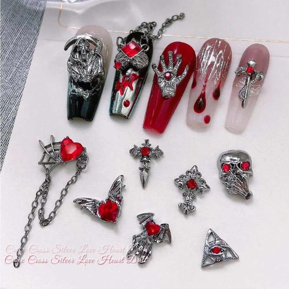 10 Stuks Gothic Punk Stijl Nail Art Bedels 3d Legering Hart Kruis Halloween Schedel Liefdesketting Hanger Nagel Diy Decoratie Accessoires