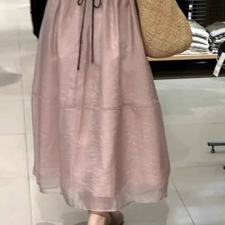 

Сетчатые юбки с высокой талией, лето 2023, новые модные женские однотонные розовые повседневные модные свободные юбки трапециевидной формы до щиколотки, женские