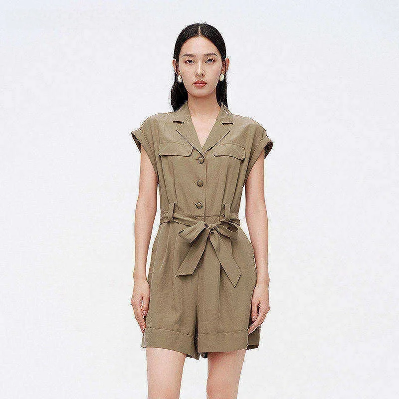 

Red Sve Summer New Women's Workwear Belted Waist Collared Pullover Jumpsuit Comfortable ort Pants Regular Thin