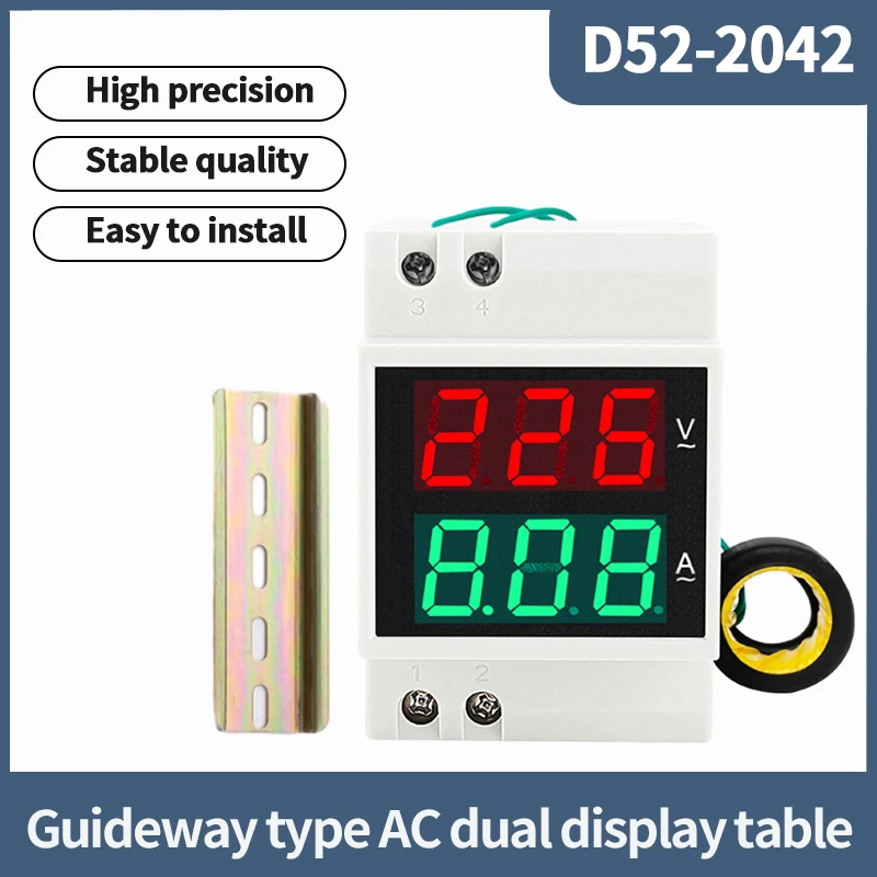 D52-2042 AC Voltage Ammeter Digital and Dual Display Household 220v Three-Phase 380v Intelligent Air Switch Rail Type