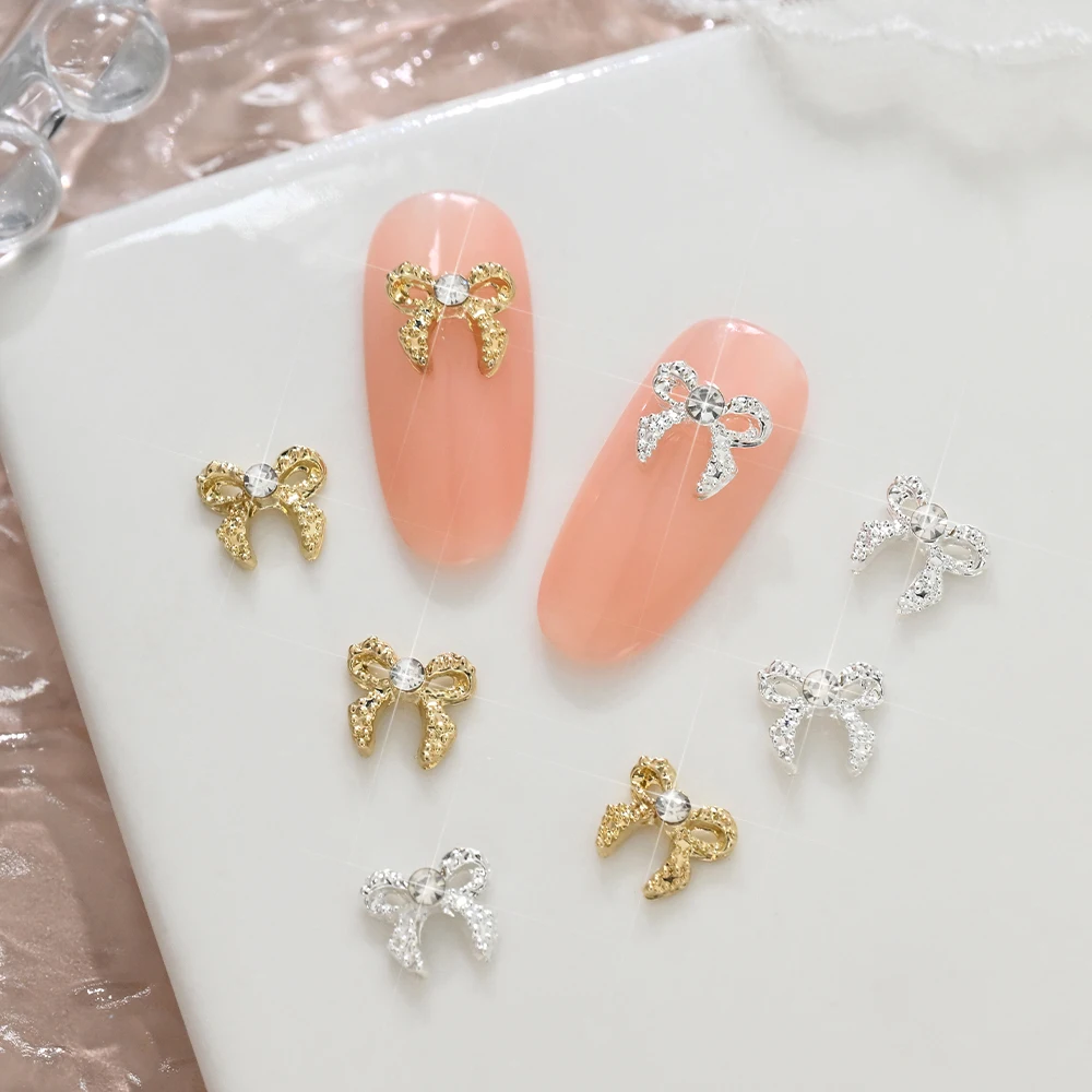 10 قطع من زينة الأظافر ثلاثية الأبعاد على شكل فيونكة فاخرة، ذهبية وفضية مرصعة بالألماس، زخارف معدنية للأظافر على شكل فيونكة، إكسسوارات للمانيكير