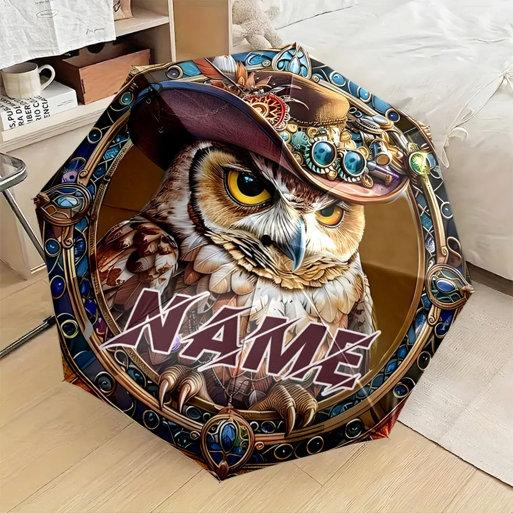 custom umbrella,personalized name umbrella,steampunk owl,owl art print,folding parasol,custom gift,unique present