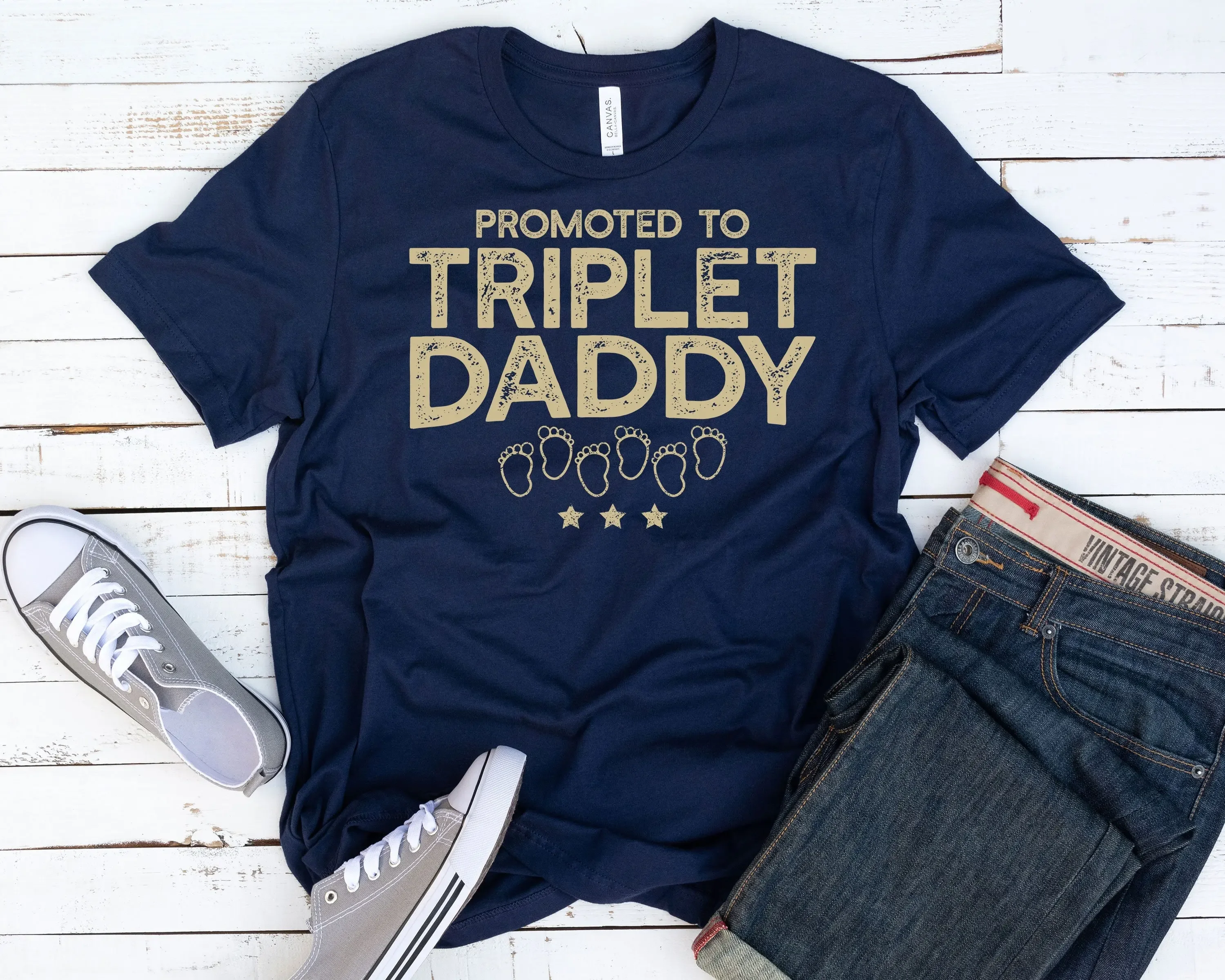 Promoted To Triplet Daddy T Shirt New Dad Of Triplets First Baby Reveal Parents Twin Pregnancy Announcement