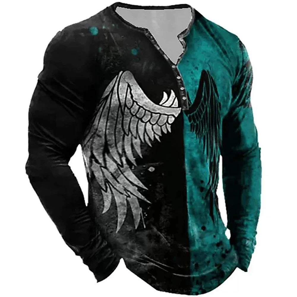 Men's Retro 3D Black and White Double Wing Print Casual Long Sleeve Men's Loose Oversized V-Neck Comfortable Sweatshirt 4Xl