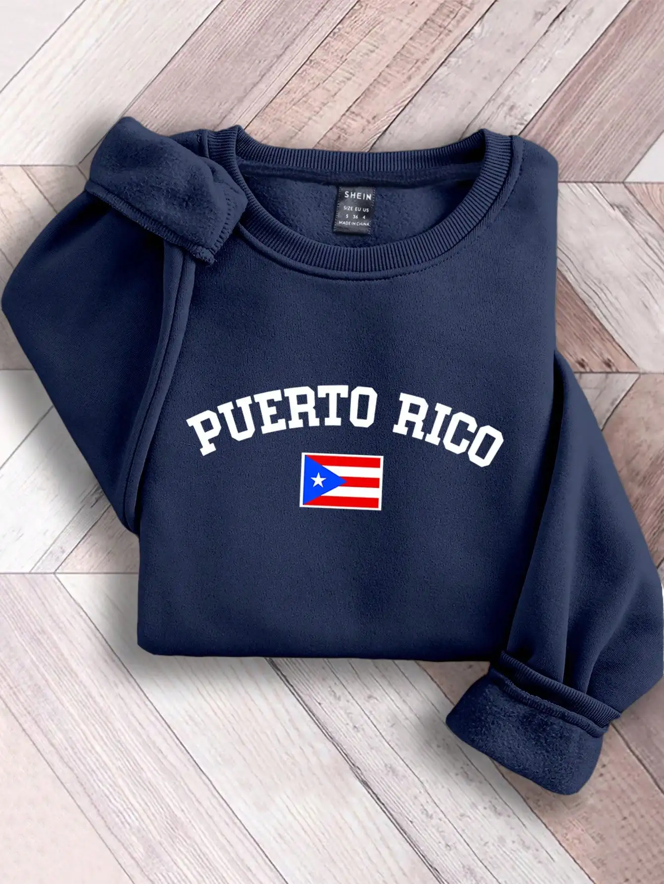 Puerto Rico Flag Print Women's Fleece Sweatshirt, Navy Blue, Long Sleeve Pullover for Fall/Winter