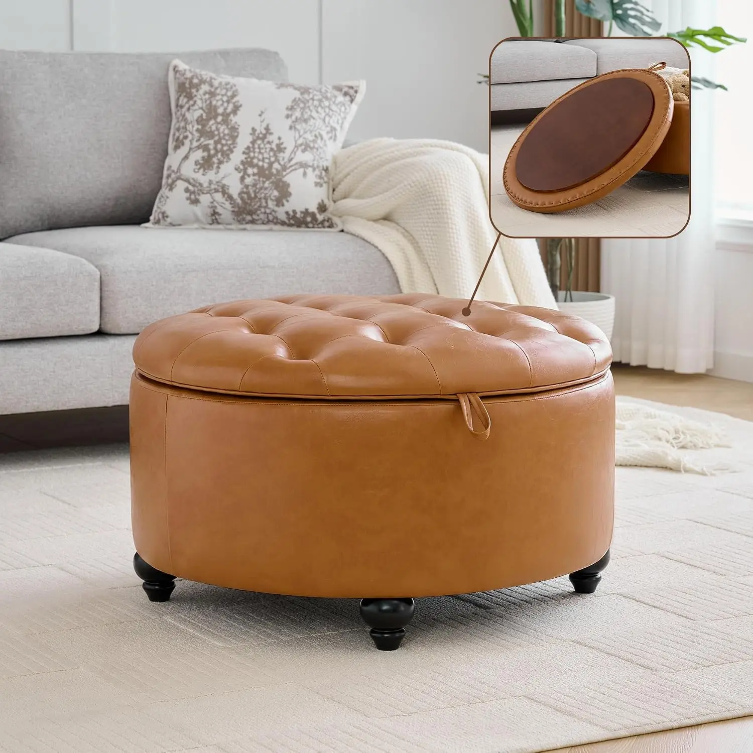 30 Inch Round Storage Ottoman with Tray Tufted Leather Coffee Table Removable Top  Bedroom Brown Customized